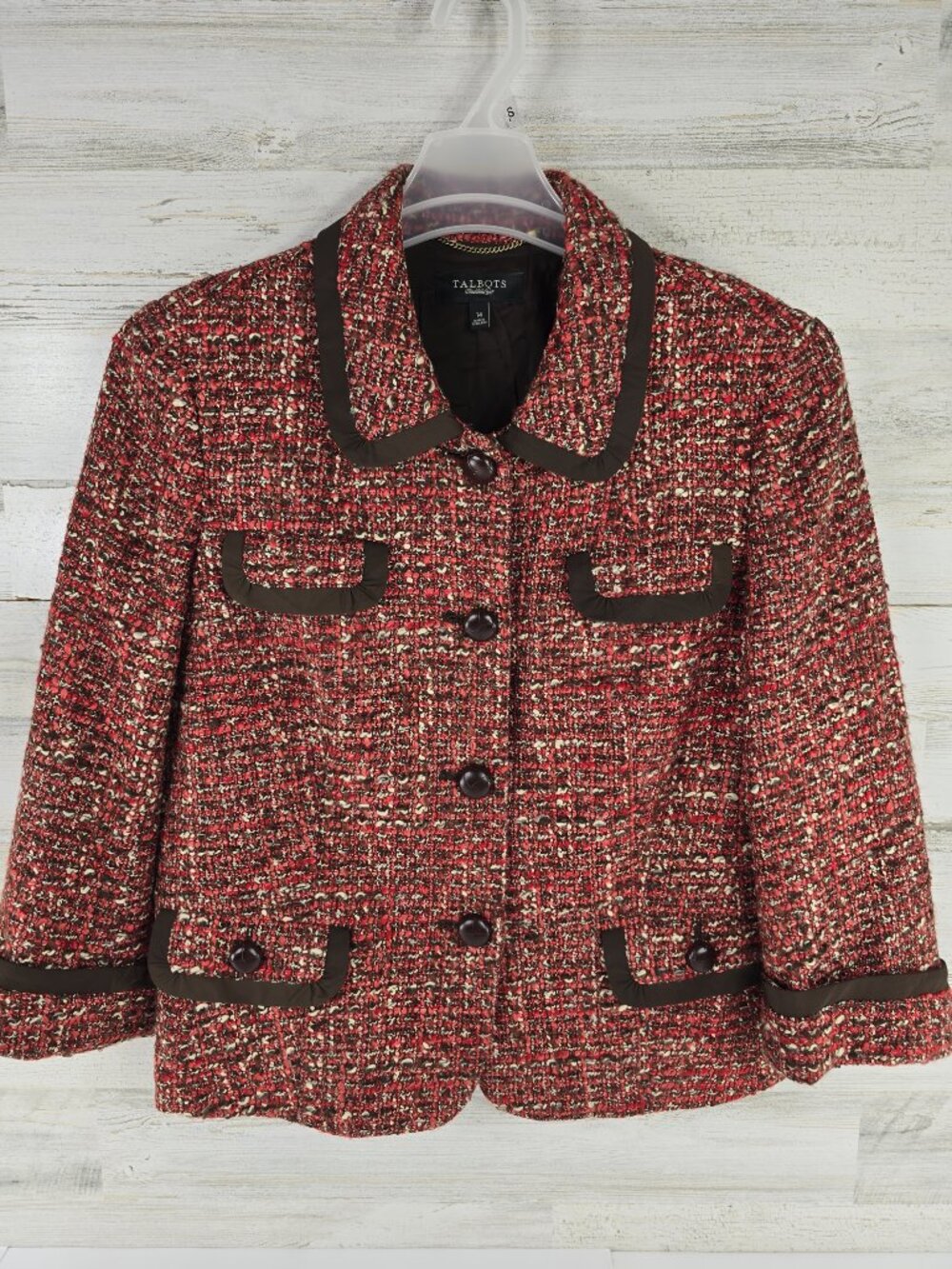 TALBOTS Women’s Size 14 Red Brown Tweed Jacket Blazer Classic Fit Wool Blend....